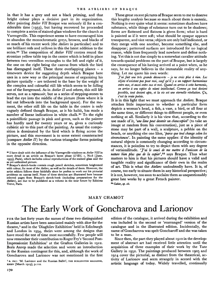 M. Chamot, The Early Work of Goncharova and Larionov, Burlington Magazine, no. 627, June 1955, pp.170-174